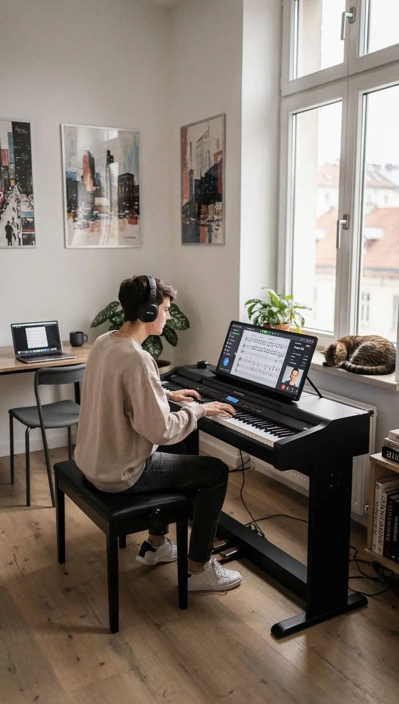 Ein Lehrer erklärt auf einem Bildschirm die Grundlagen des Klavierspielens.