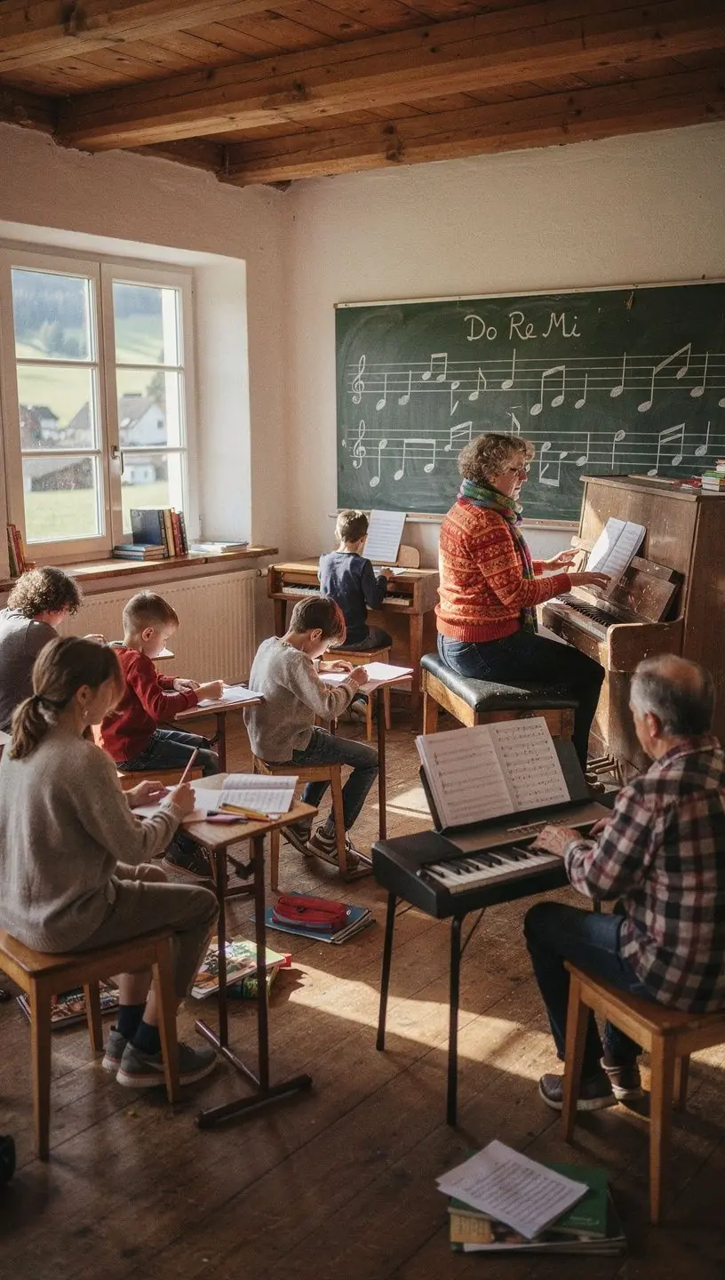 Eine Gruppe von Schülern lernt in einem virtuellen Klassenzimmer Klaviertechniken.