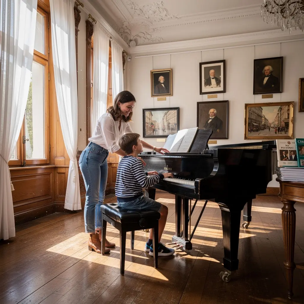 Ein Lehrer demonstriert eine klassische Klaviertechnik in einem Online-Video.