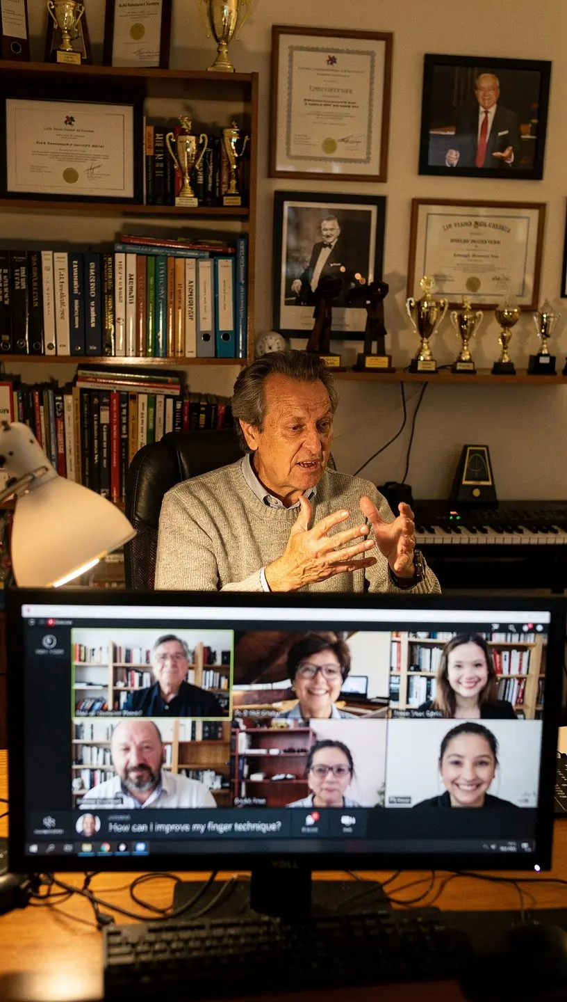 Eine Gruppe von Schülern lernt in einem virtuellen Klassenzimmer Klaviertechniken.