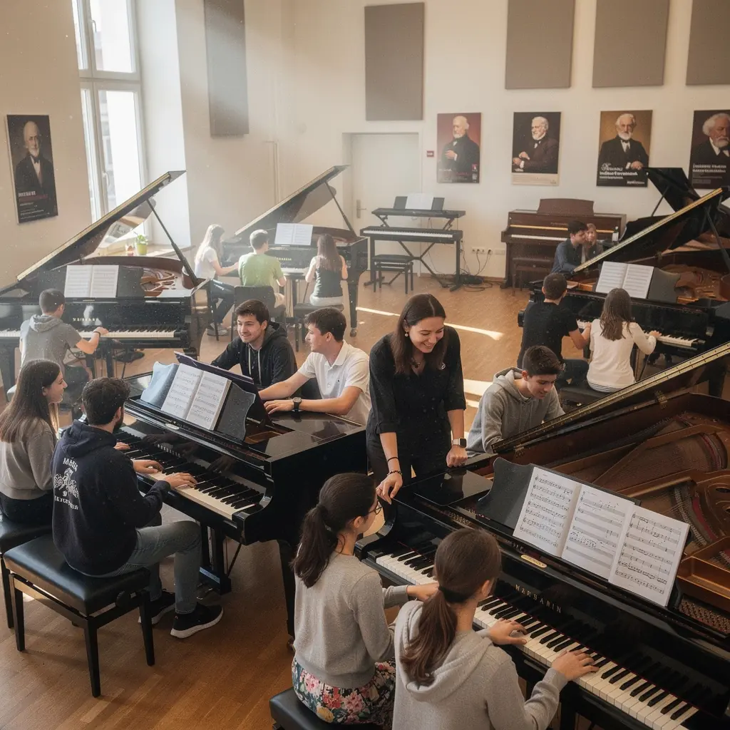 Eine Gruppe von Schülern lernt in einem virtuellen Klassenzimmer Klaviertechniken.