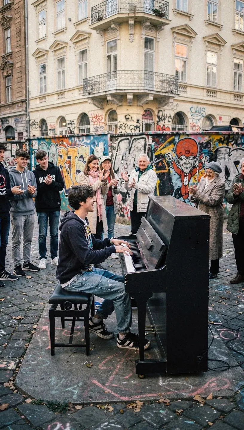Ein Pianist spielt an einem Klavier mit Notenblättern für Jazzmusik.